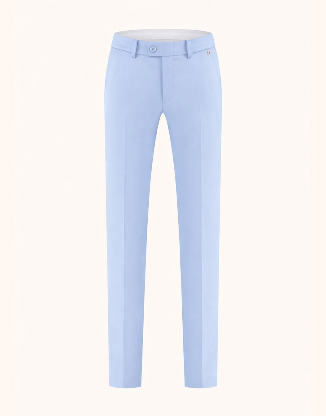 Packshot of the Bilbao Dusty Blue trousers in viscose blend suiting with a slim straight leg.