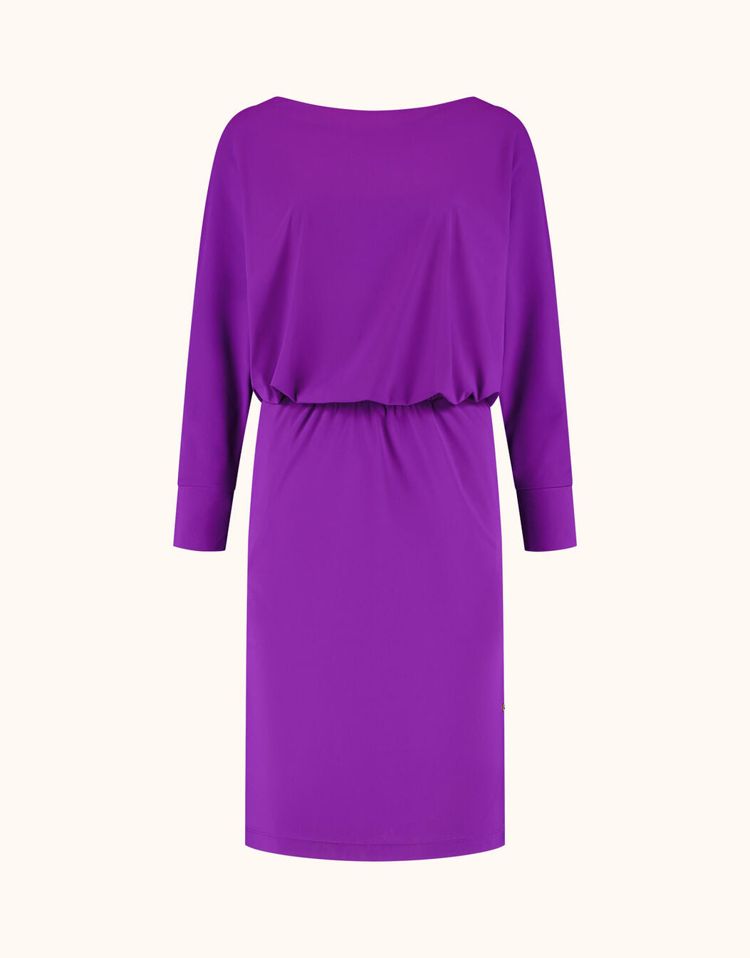Packshot of the Lumi Violet dress in jersey lycra with a blouson top and long sleeves.