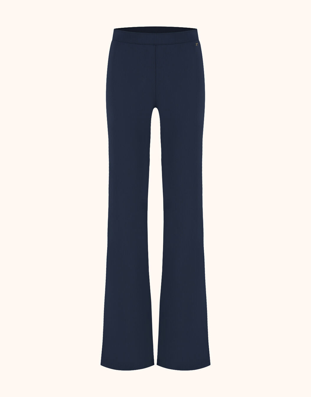 Packshot of the Tulum Midnight Blue trousers in jersey lycra with a flared leg.
