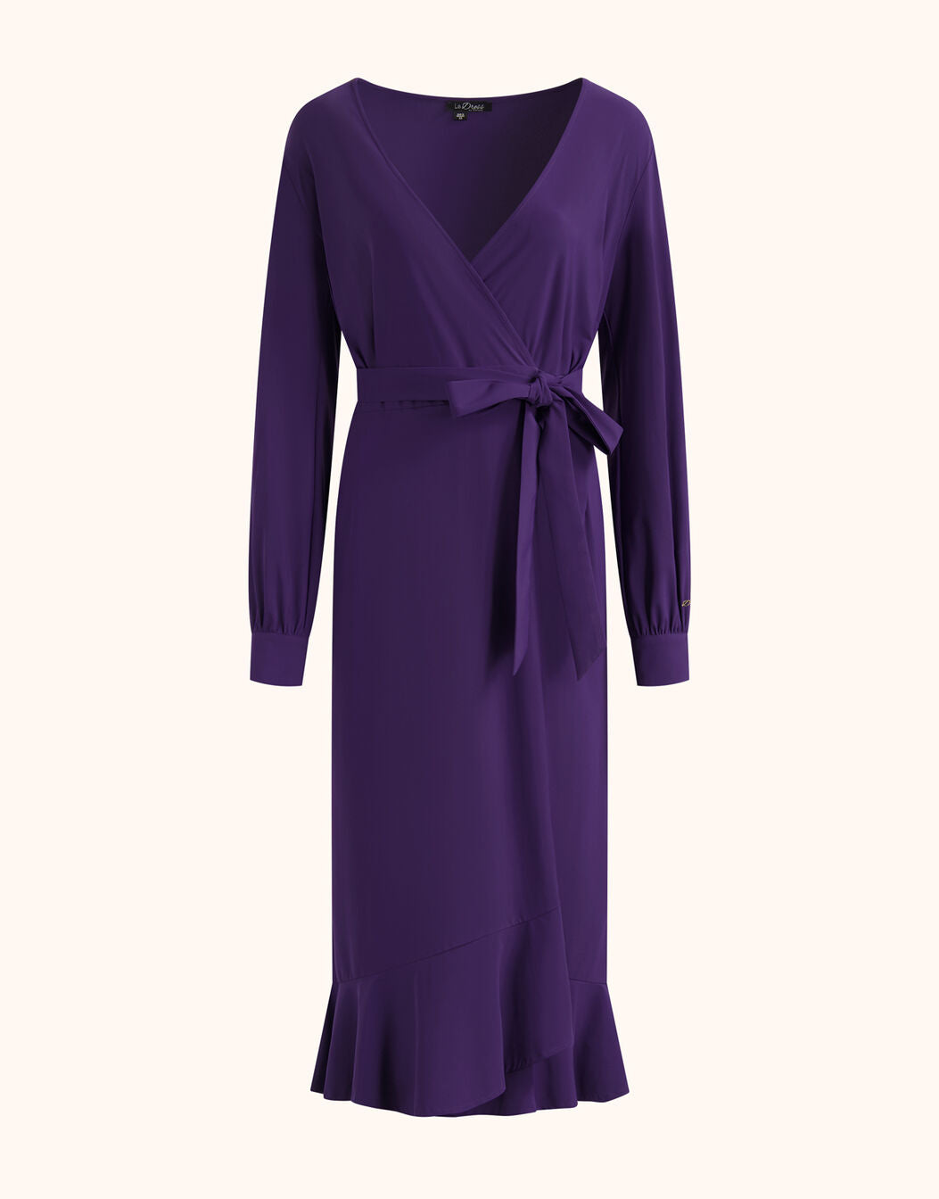 Packshot of the Maeve Purple Night dress in jersey lycra with a wrap front and tie belt.
