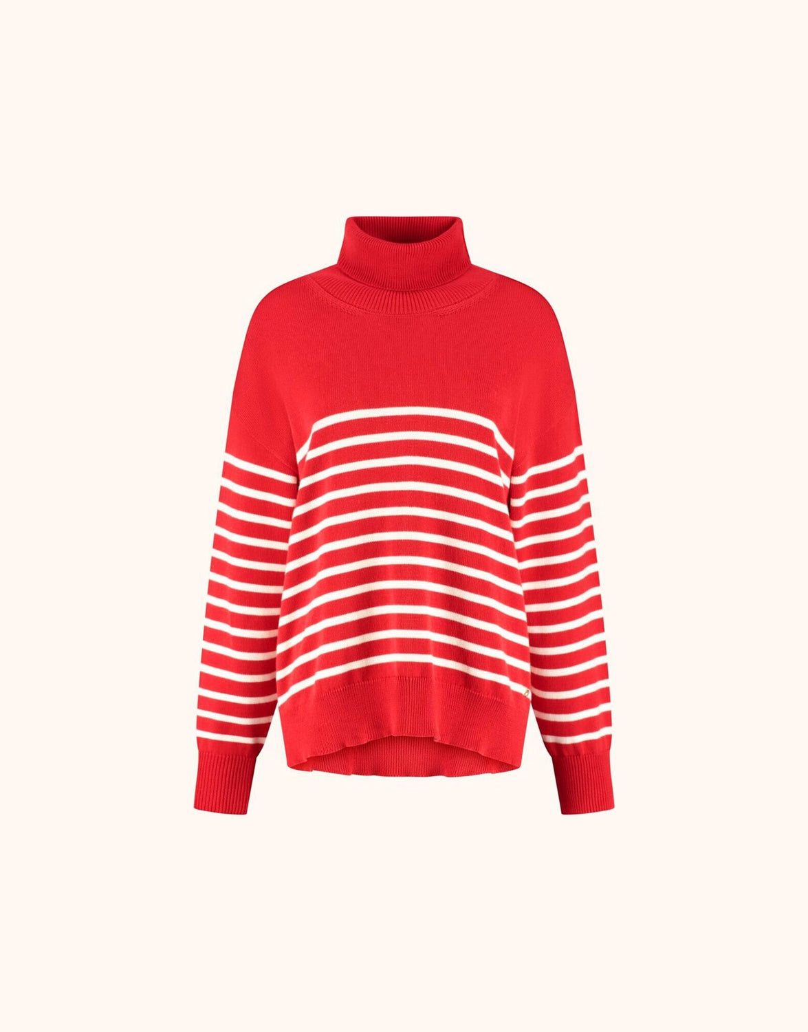 Packshot of the Cecile Red Ivory Stripe jumper in organic cotton knit with a turtleneck.